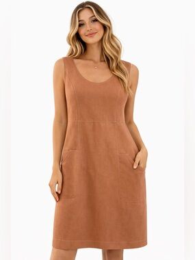 Magic Linen Women's Sleeveless Scoop Neck Pinafore Dress in Rust